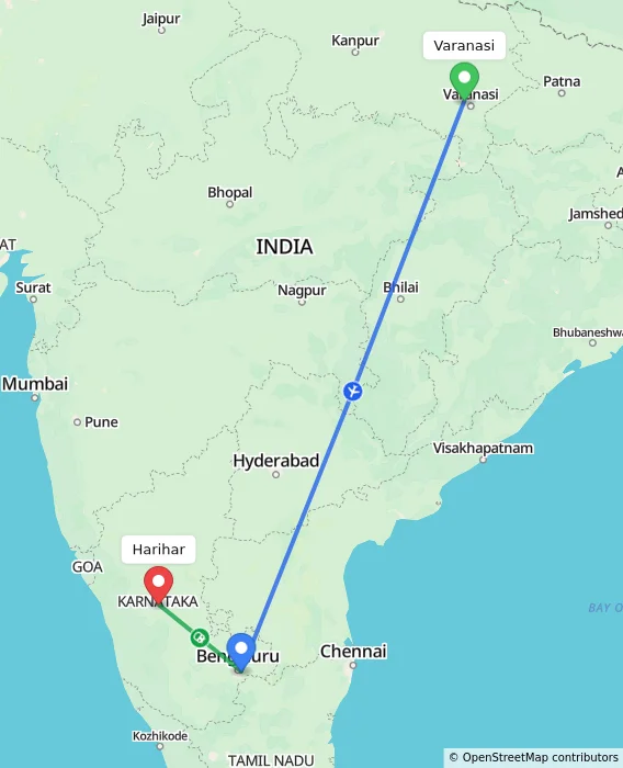 Route map showing distance and travel time from Varanasi, India to Harihar, India