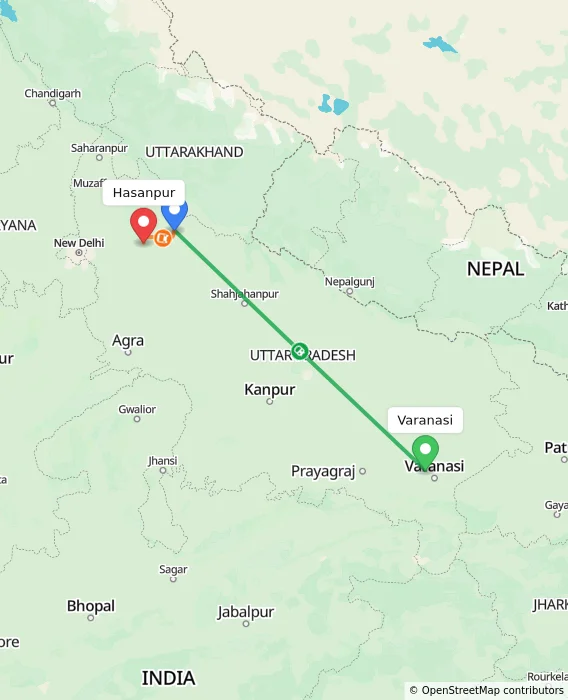 Route map showing distance and travel time from Varanasi, India to Hasanpur, India