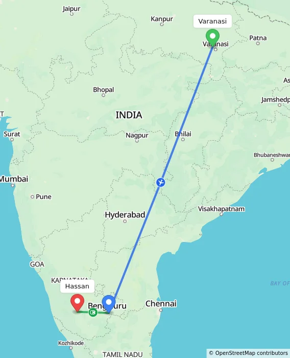 Route map showing distance and travel time from Varanasi, India to Hassan, India