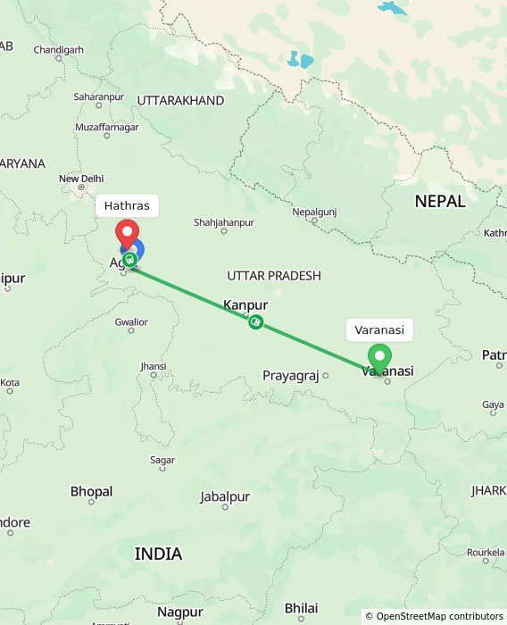 Route map showing distance and travel time from Varanasi, India to Hathras, India