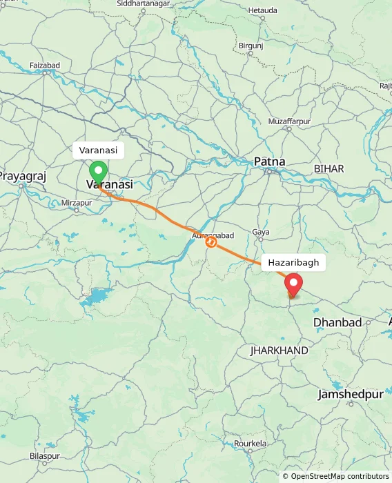 Route map showing distance and travel time from Varanasi, India to Hazaribagh, India