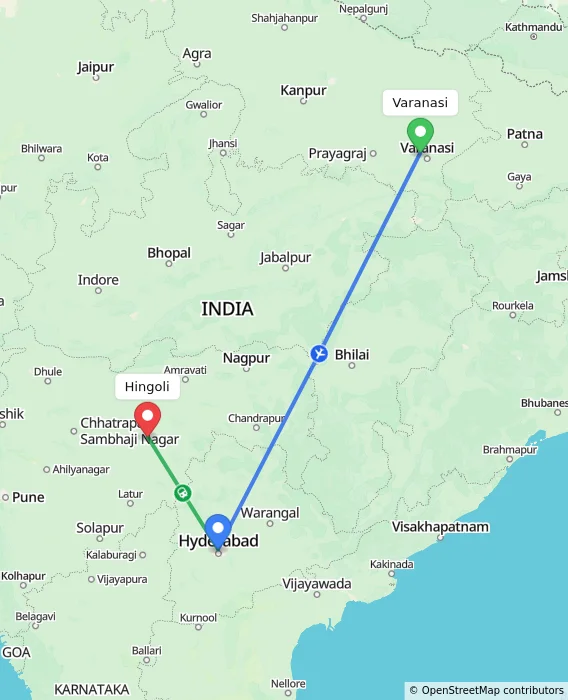 Route map showing distance and travel time from Varanasi, India to Hingoli, India