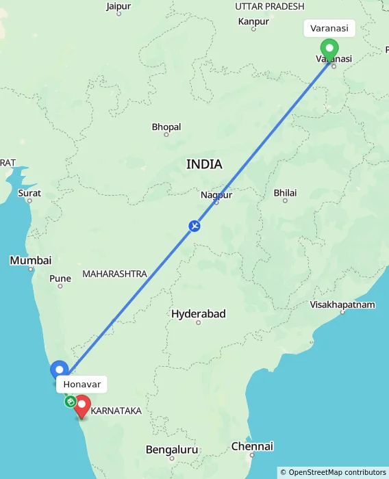 Route map showing distance and travel time from Varanasi, India to Honavar, India