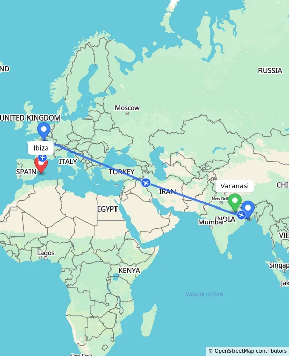 Route map showing distance and travel time from Varanasi, India to Ibiza, Spain