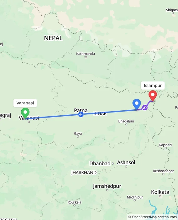 Route map showing distance and travel time from Varanasi, India to Islampur, India