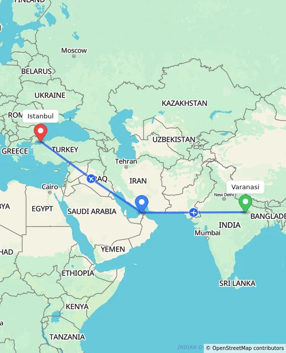 Route map showing distance and travel time from Varanasi, India to Istanbul, Turkey