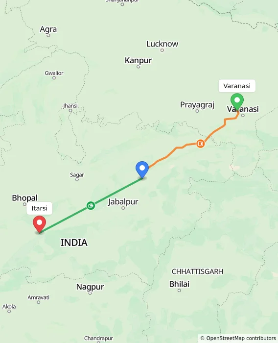Route map showing distance and travel time from Varanasi, India to Itarsi, India