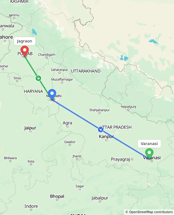 Route map showing distance and travel time from Varanasi, India to Jagraon, India