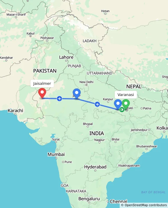 Route map showing distance and travel time from Varanasi, India to Jaisalmer, India