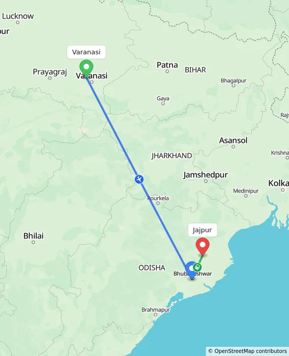 Route map showing distance and travel time from Varanasi, India to Jajpur, India