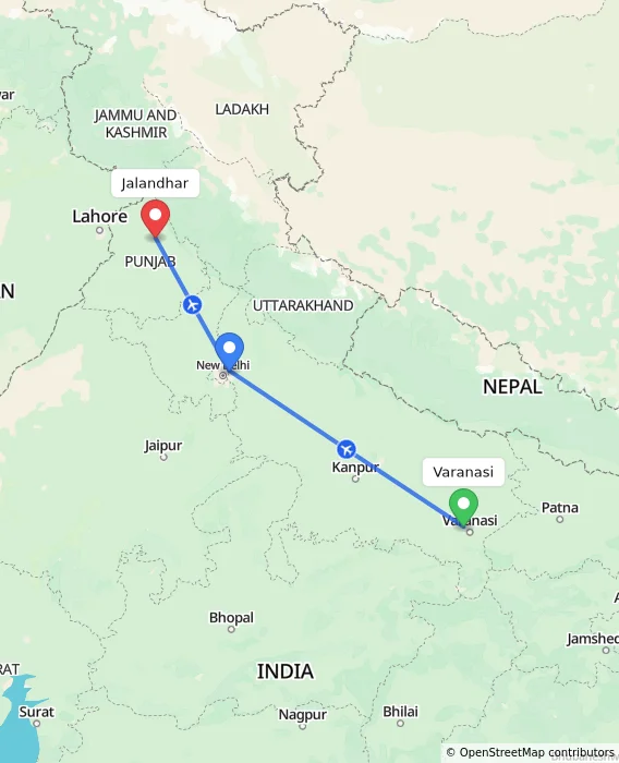 Route map showing distance and travel time from Varanasi, India to Jalandhar, India