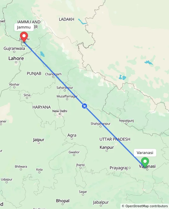 Route map showing distance and travel time from Varanasi, India to Jammu, India