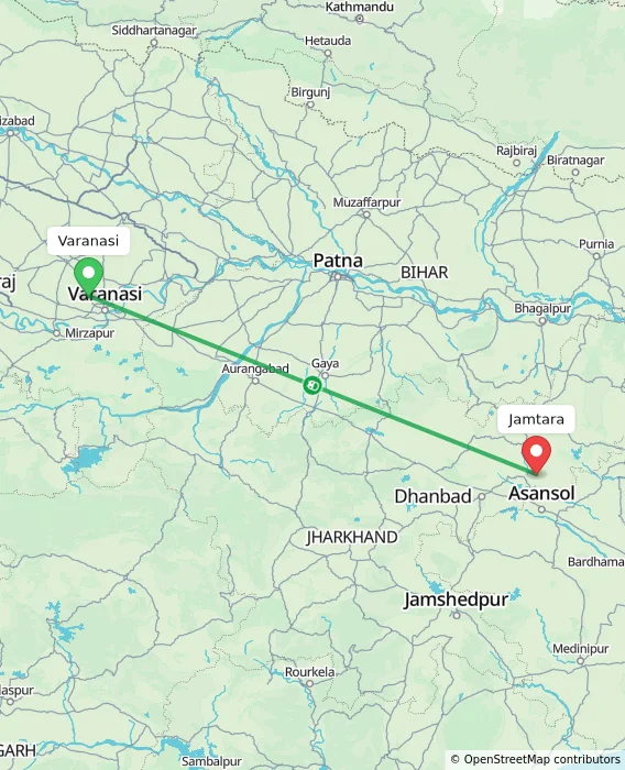 Route map showing distance and travel time from Varanasi, India to Jamtara, India
