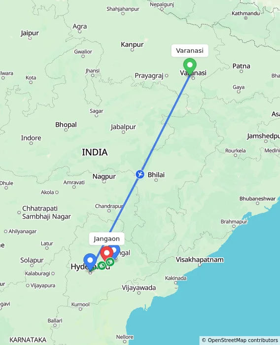 Route map showing distance and travel time from Varanasi, India to Jangaon, India
