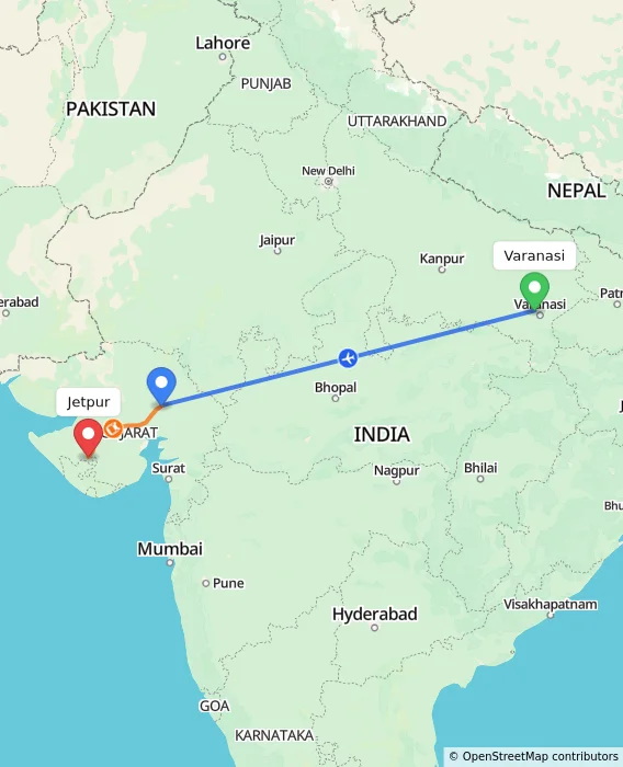 Route map showing distance and travel time from Varanasi, India to Jetpur, India