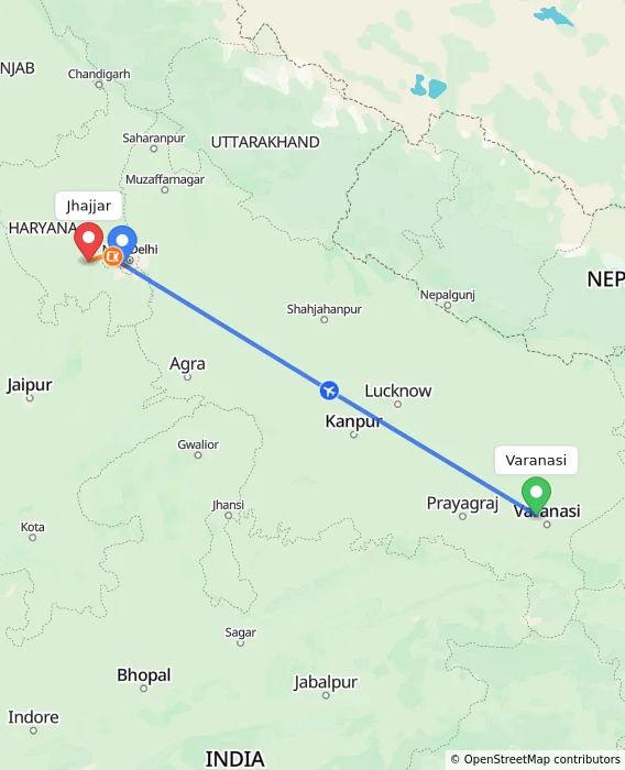 Route map showing distance and travel time from Varanasi, India to Jhajjar, India