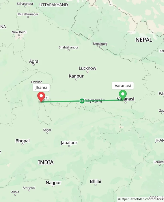 Route map showing distance and travel time from Varanasi, India to Jhansi, India