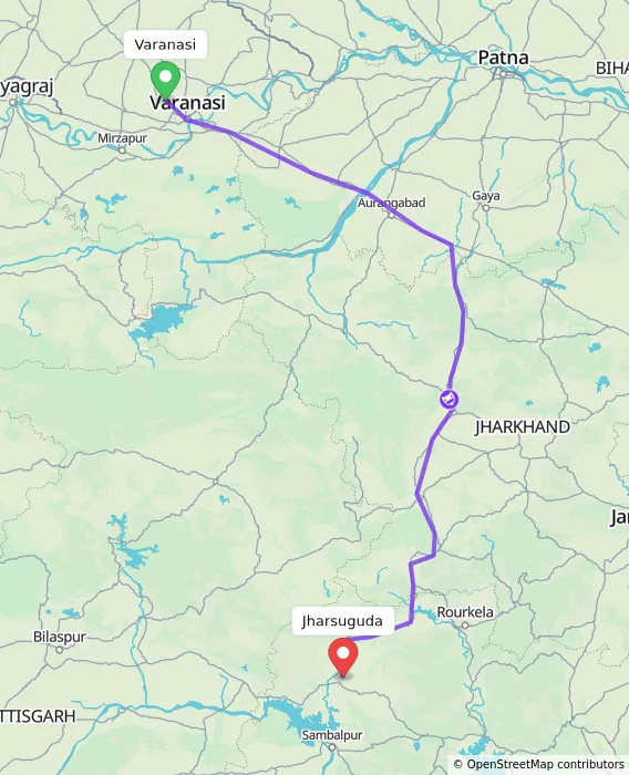 Route map showing distance and travel time from Varanasi, India to Jharsuguda, India