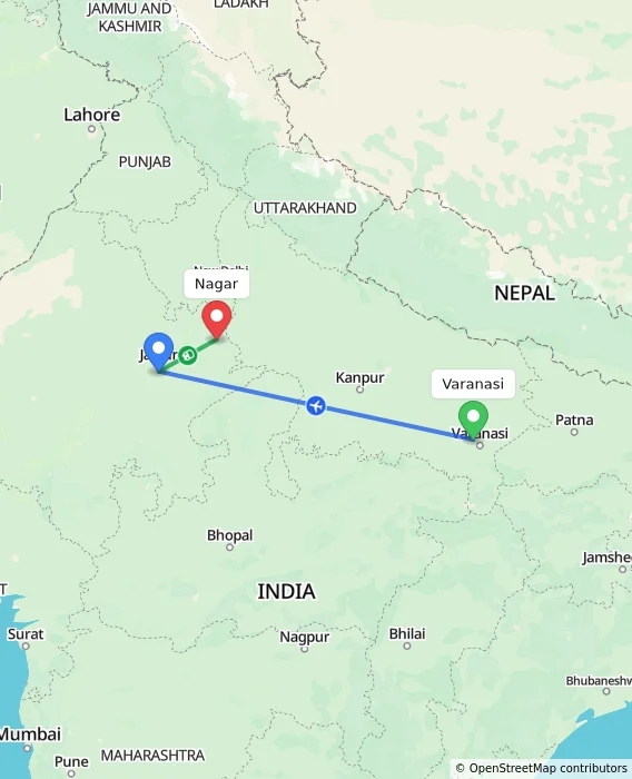 Route map showing distance and travel time from Varanasi, India to Nagar, India