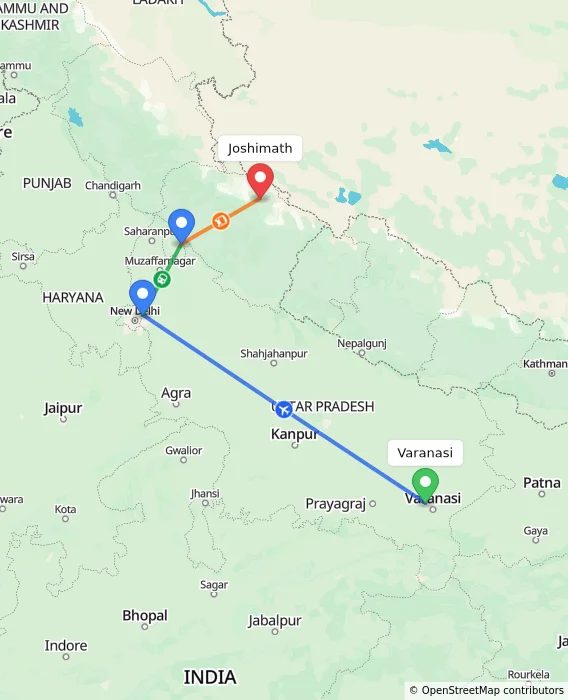 Route map showing distance and travel time from Varanasi, India to Joshimath, India
