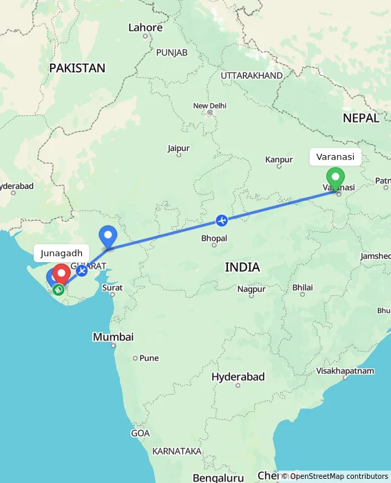 Route map showing distance and travel time from Varanasi, India to Junagadh, India
