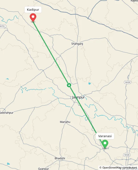 Route map showing distance and travel time from Varanasi, India to Kadipur, India