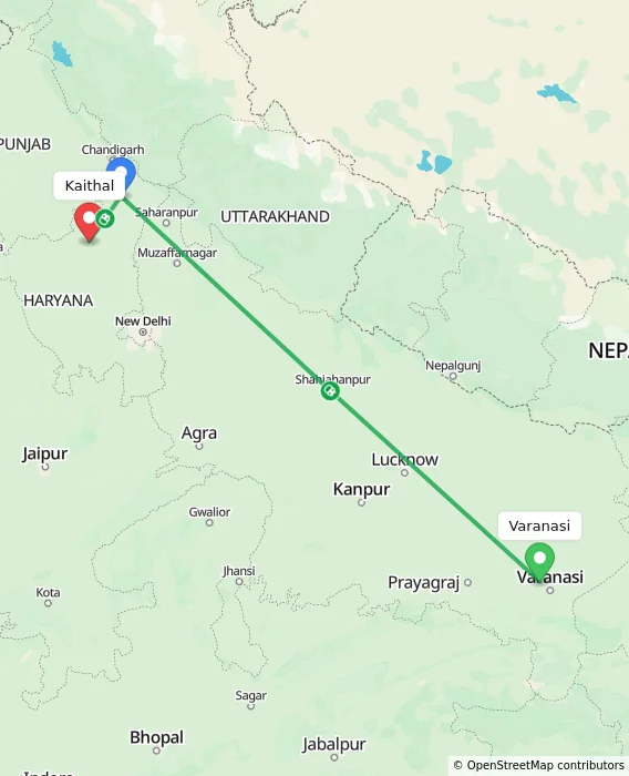 Route map showing distance and travel time from Varanasi, India to Kaithal, India