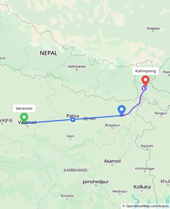 Route map showing distance and travel time from Varanasi, India to Kalimpong, India