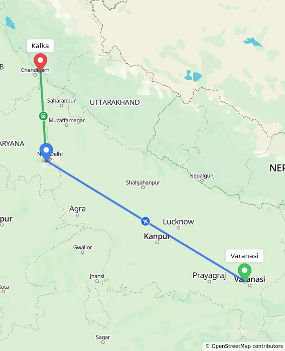 Route map showing distance and travel time from Varanasi, India to Kalka, India