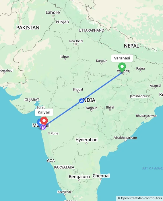 Route map showing distance and travel time from Varanasi, India to Kalyan, India