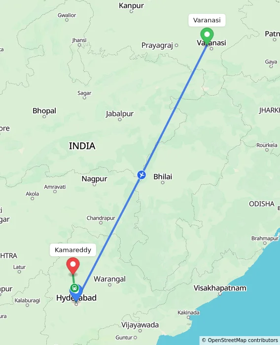 Route map showing distance and travel time from Varanasi, India to Kamareddy, India