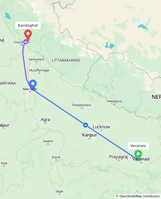 Route map showing distance and travel time from Varanasi, India to Kandaghat, India