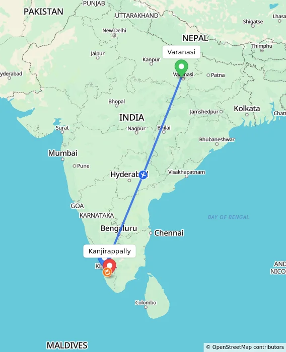 Route map showing distance and travel time from Varanasi, India to Kanjirappally, India