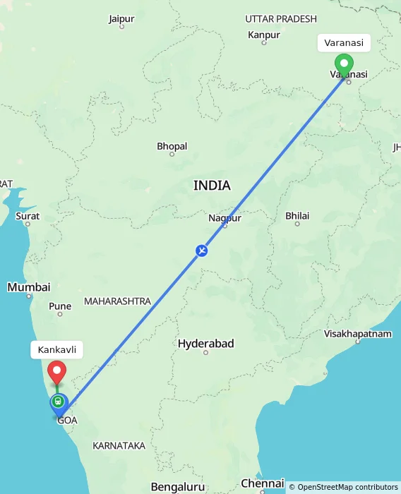 Route map showing distance and travel time from Varanasi, India to Kankavli, India