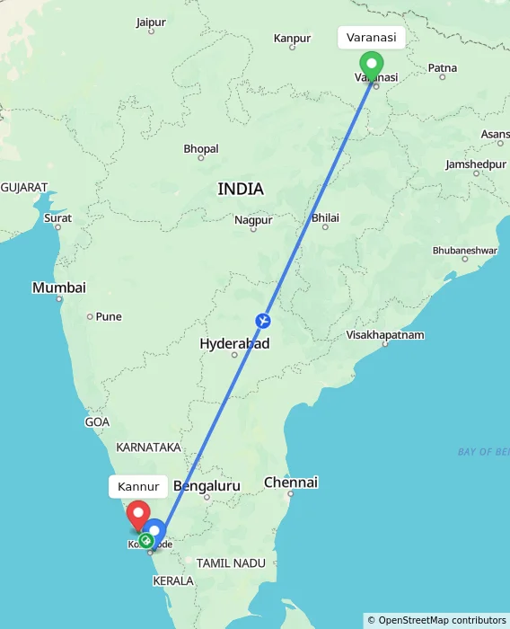 Route map showing distance and travel time from Varanasi, India to Kannur, India