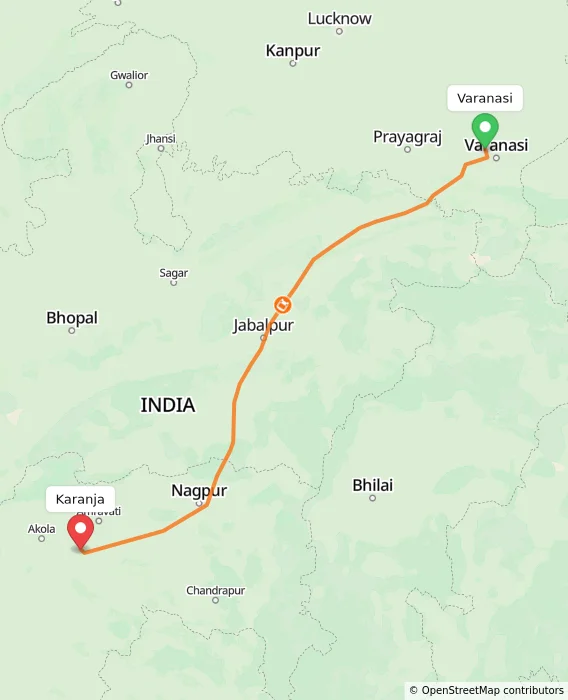 Route map showing distance and travel time from Varanasi, India to Karanja, India
