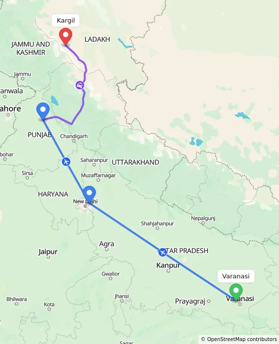 Route map showing distance and travel time from Varanasi, India to Kargil, India