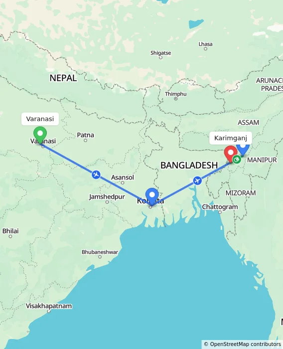 Route map showing distance and travel time from Varanasi, India to Karimganj, India