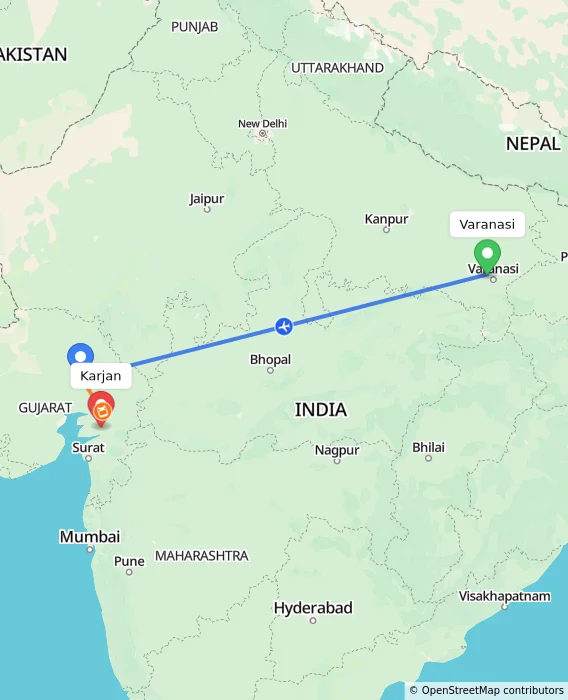 Route map showing distance and travel time from Varanasi, India to Karjan, India
