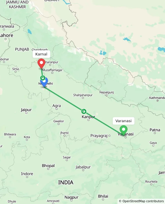 Route map showing distance and travel time from Varanasi, India to Karnal, India