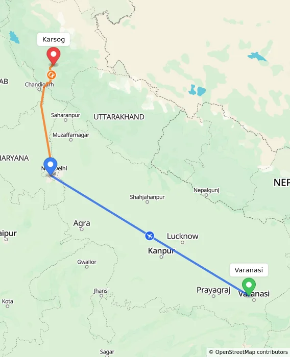 Route map showing distance and travel time from Varanasi, India to Karsog, India