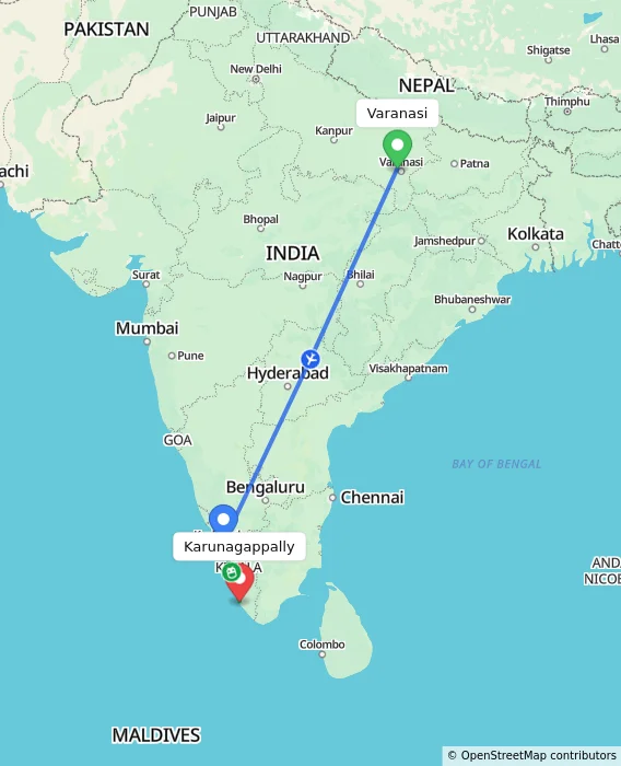 Route map showing distance and travel time from Varanasi, India to Karunagappally, India