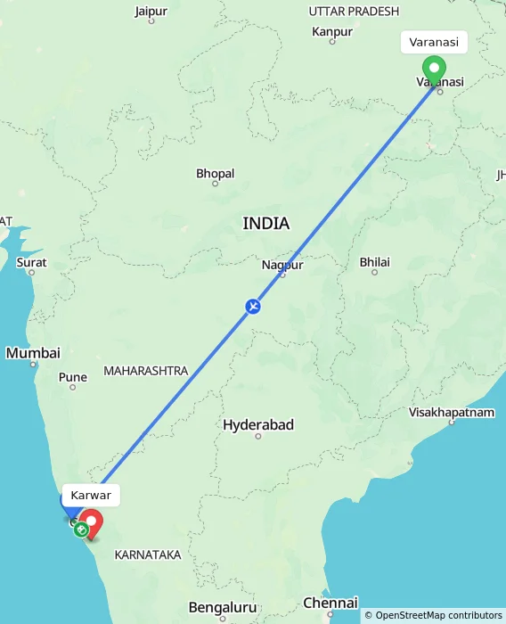 Route map showing distance and travel time from Varanasi, India to Karwar, India