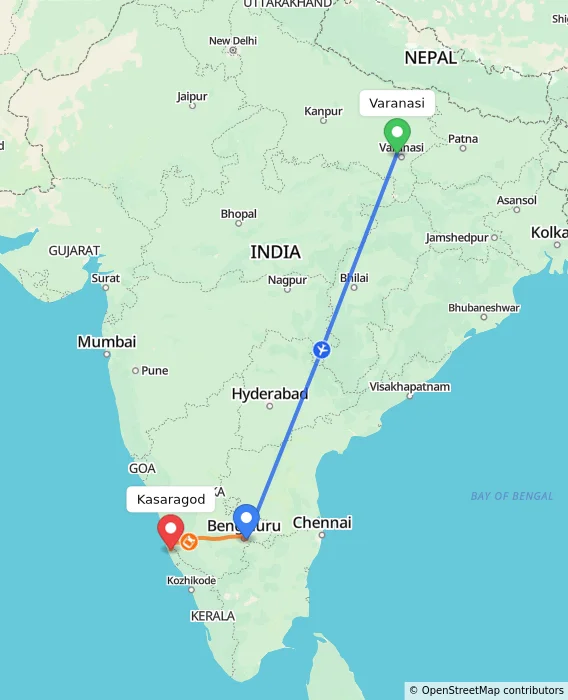 Route map showing distance and travel time from Varanasi, India to Kasaragod, India