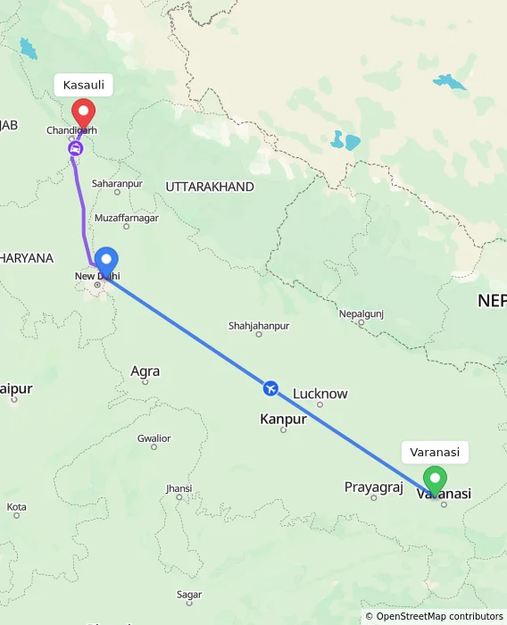 Route map showing distance and travel time from Varanasi, India to Kasauli, India