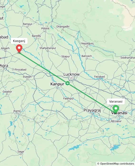 Route map showing distance and travel time from Varanasi, India to Kasganj, India
