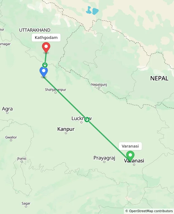 Route map showing distance and travel time from Varanasi, India to Kathgodam, India