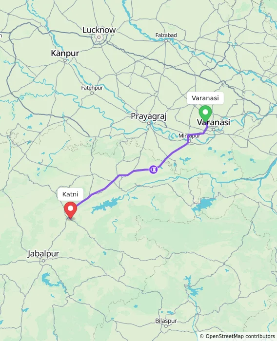 Route map showing distance and travel time from Varanasi, India to Katni, India