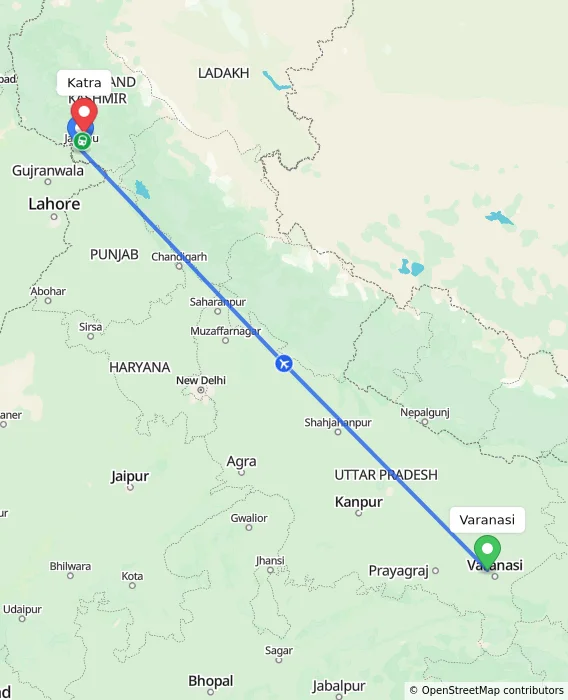Route map showing distance and travel time from Varanasi, India to Katra, India