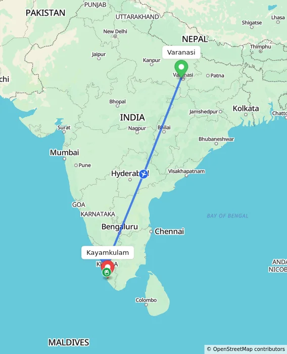 Route map showing distance and travel time from Varanasi, India to Kayamkulam, India